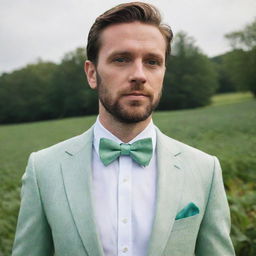 A man wearing a bow tie around the collar, innovatively designed to mimic the precise shape of a mint leaf. This nature-inspired tie substitutes the conventional bow with a striking leaf shape.