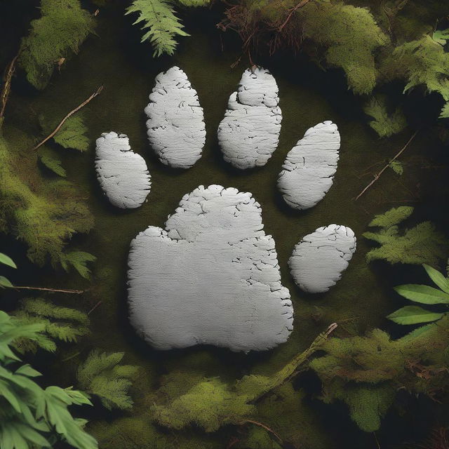 A realistic and close-up image of wolf pawprints in a forest, surrounded by needles and moss