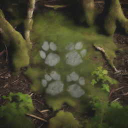 A realistic and close-up image of wolf pawprints in a forest, surrounded by needles and moss