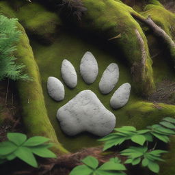 A realistic and close-up image of wolf pawprints in a forest, surrounded by needles and moss