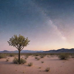 A serene desert scene under a soft hue-lit sky, speckled with gleaming stars.