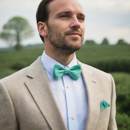 A man wearing a bow tie around the collar, innovatively designed to mimic the precise shape of a mint leaf. This nature-inspired tie substitutes the conventional bow with a striking leaf shape.