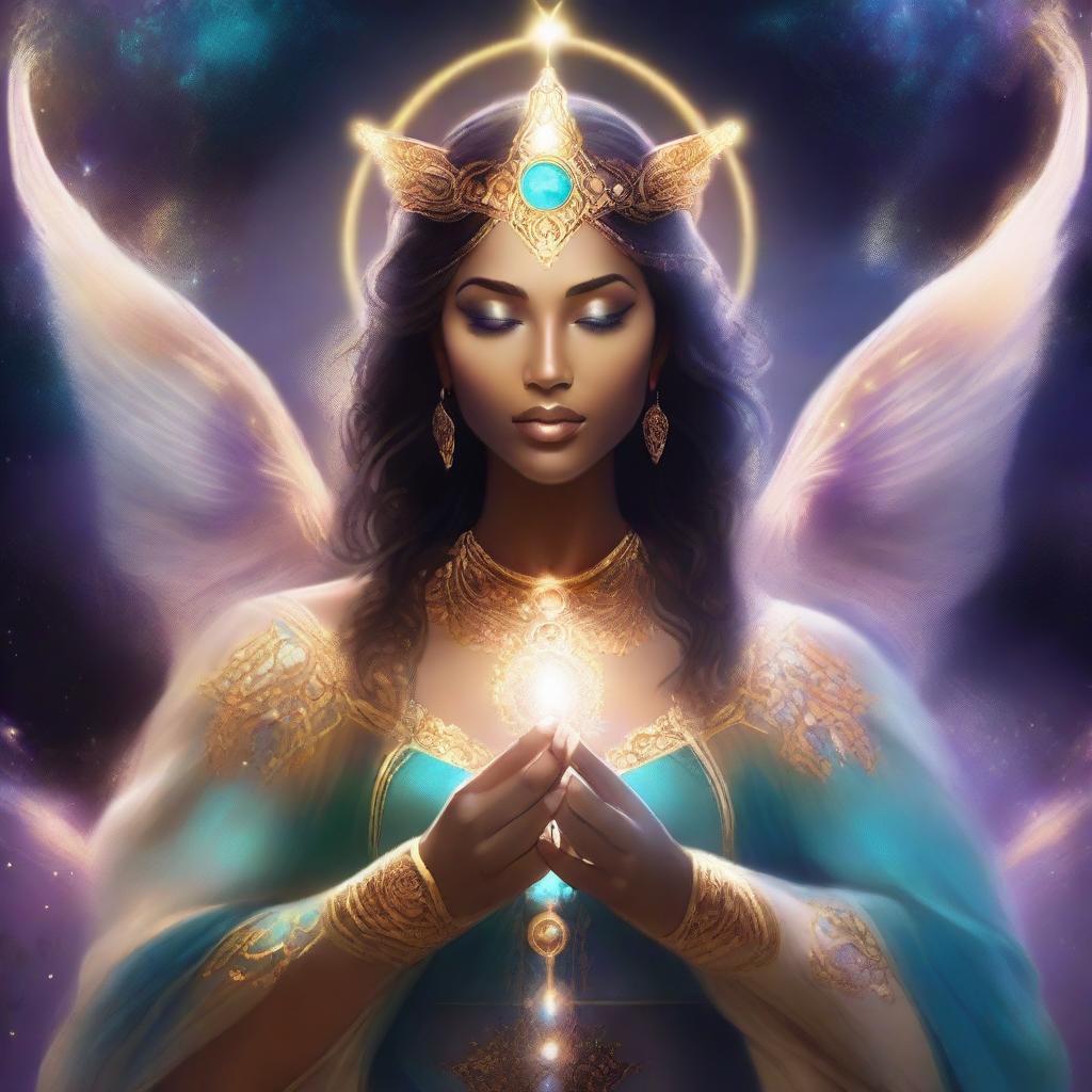 Create an image of a powerful woman who is a magic god