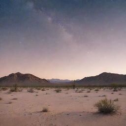 A serene desert scene under a soft hue-lit sky, speckled with gleaming stars.