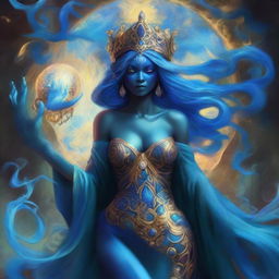 Create an image of a Goddess of Magic, a blue-skinned Woman of Chaos