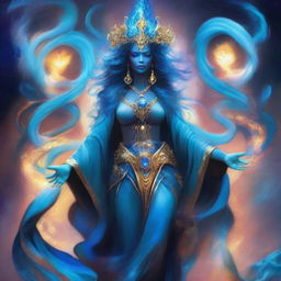 Create an image of a Goddess of Magic, a blue-skinned Woman of Chaos