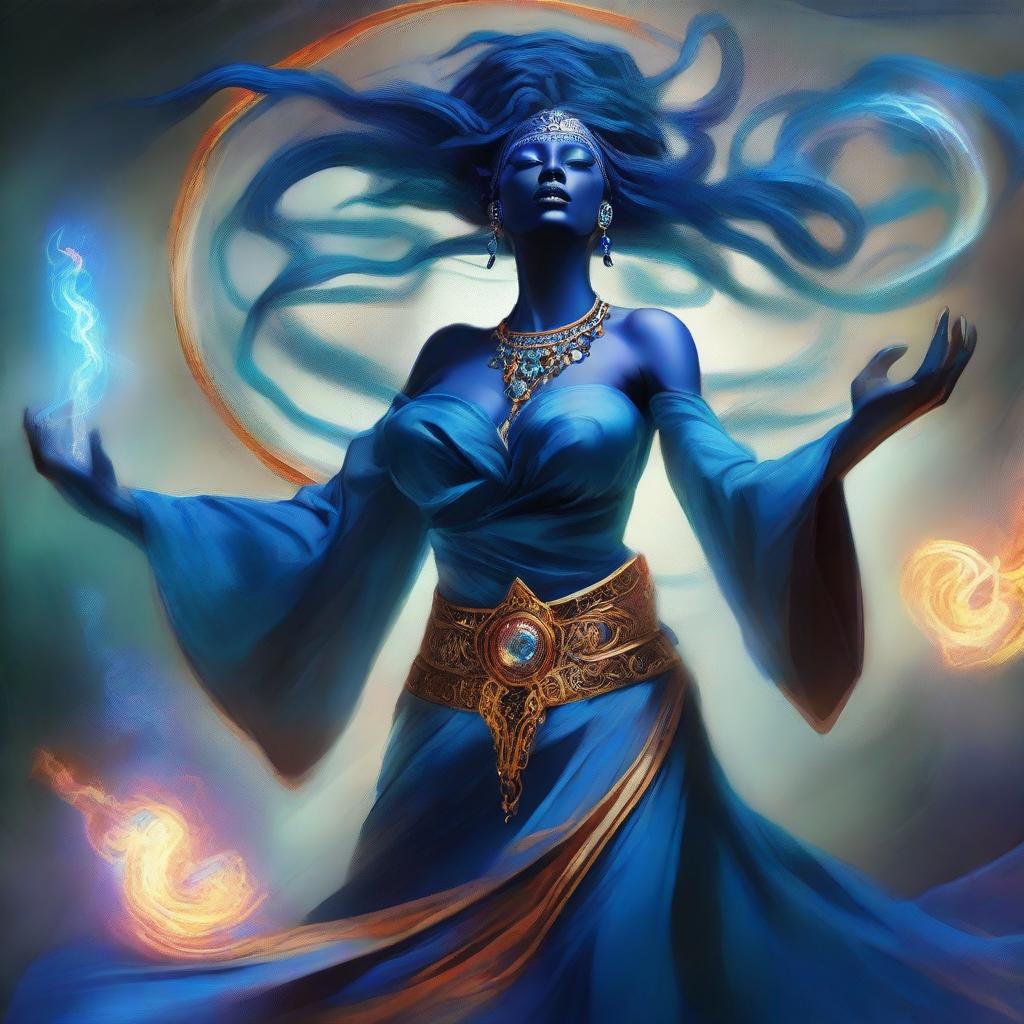 Create an image of a Goddess of Magic, a blue-skinned Woman of Chaos who is visibly angry