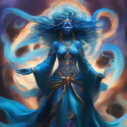 Create an image of a Goddess of Magic, a blue-skinned Woman of Chaos who is visibly angry