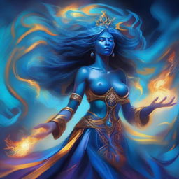 Create an image of a Goddess of Magic, a blue-skinned Woman of Chaos who is visibly angry