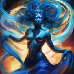 Create an image of a Goddess of Magic, a blue-skinned Woman of Chaos who is visibly angry