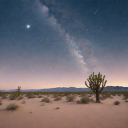 A serene desert scene under a soft hue-lit sky, speckled with gleaming stars.