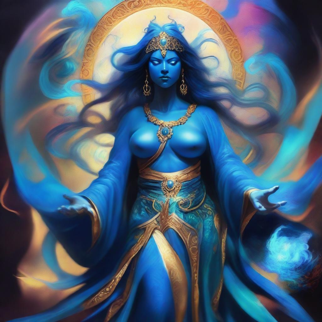 Create an image of a blue-skinned Goddess of Magic, a Woman who is visibly angry