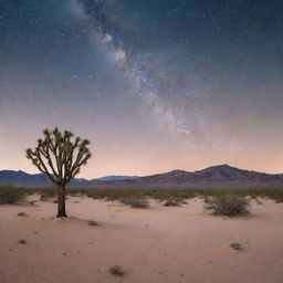 A serene desert scene under a soft hue-lit sky, speckled with gleaming stars.