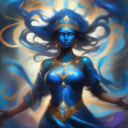 Create an image of a blue-skinned Goddess of Magic, a Woman who is visibly angry