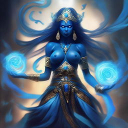 Create an image of a blue-skinned Goddess of Magic, a Woman who is visibly angry