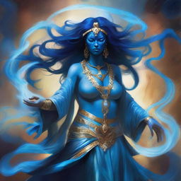 Create an image of a blue-skinned Goddess of Magic, a Woman who is visibly angry