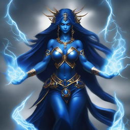 Create an image of a blue-skinned, evil Goddess of Magic who is visibly angry