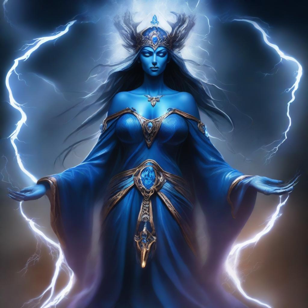 Create an image of a blue-skinned, evil Goddess of Magic who is visibly angry