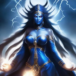 Create an image of a blue-skinned, evil Goddess of Magic who is visibly angry