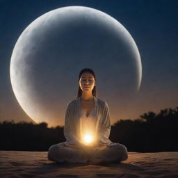 A serene spiritual figure meditating under the glow of the moon, radiating an aura of tranquility and peace.