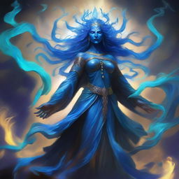 Create an image of a blue-skinned Goddess of Magic who embodies madness and is visibly angry