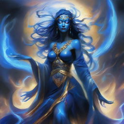 Create an image of a blue-skinned Goddess of Magic who embodies madness and is visibly angry