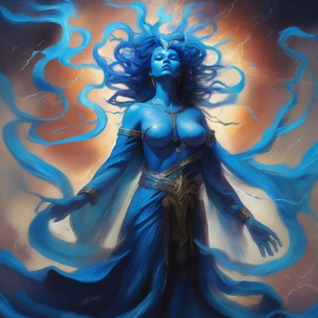 Create an image of a blue-skinned Goddess of Magic who embodies madness and is visibly angry