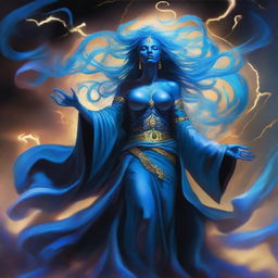 Create an image of a blue-skinned Goddess of Magic who embodies madness and is visibly angry