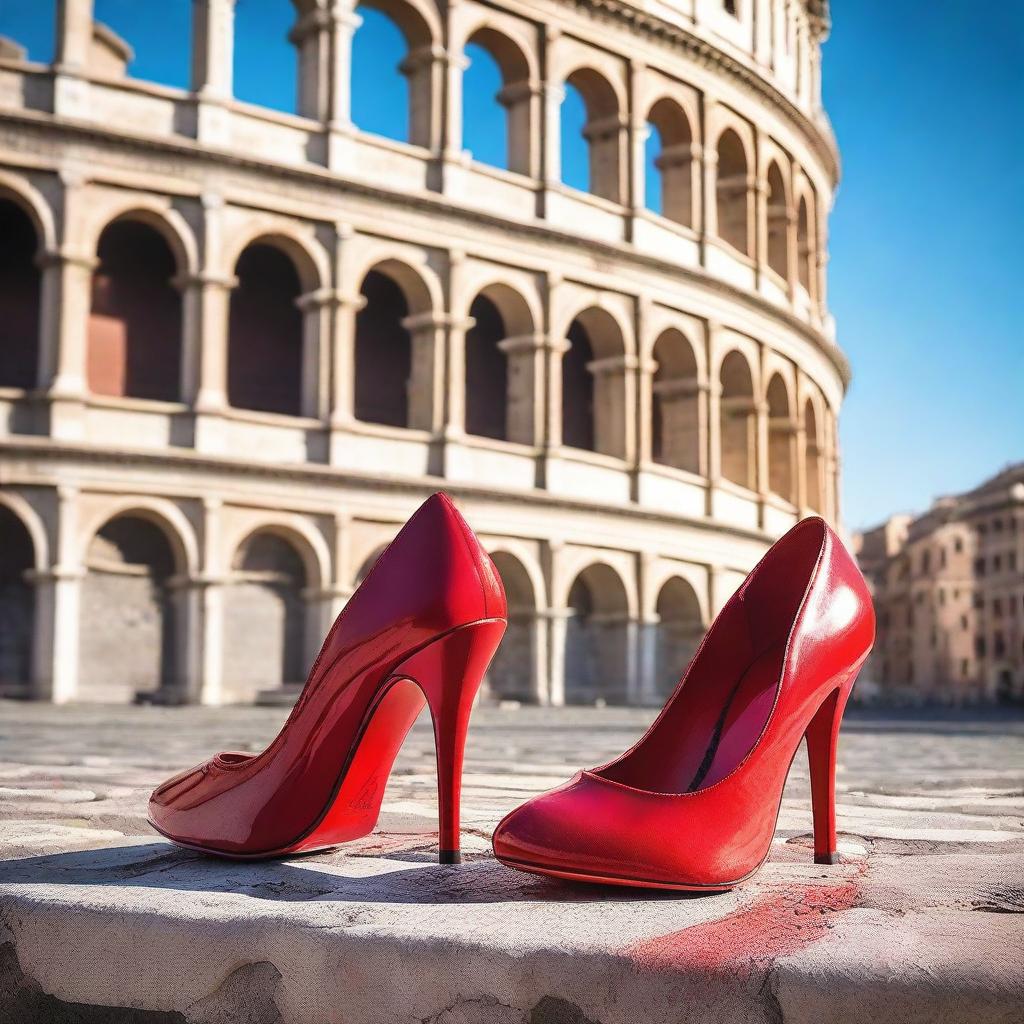 A pair of stylish red high heels placed in front of the iconic Colosseum in Rome