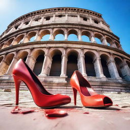 A pair of stylish red high heels placed in front of the iconic Colosseum in Rome