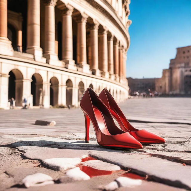 A pair of stylish red high heels placed in front of the iconic Colosseum in Rome