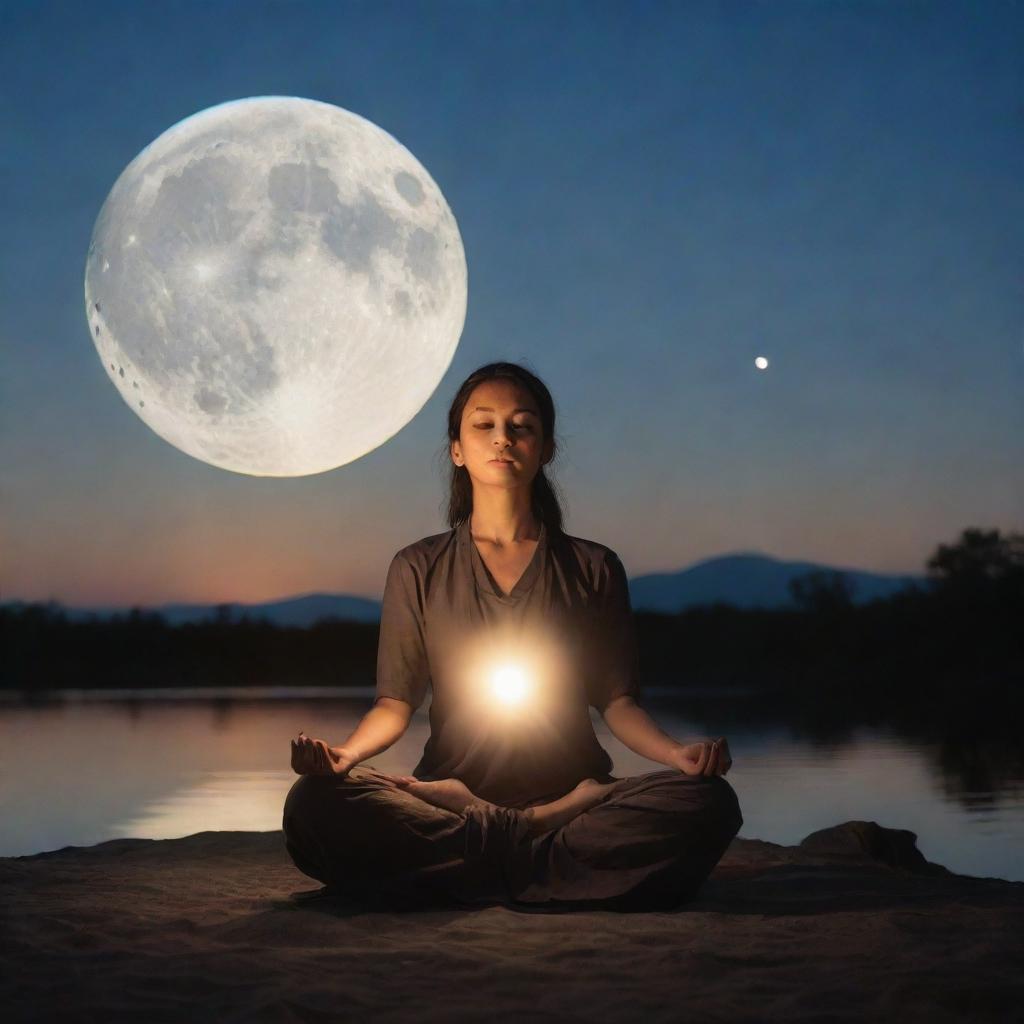 A serene spiritual figure meditating under the glow of the moon, radiating an aura of tranquility and peace.