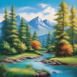 A beautiful and serene canvas painting depicting a tranquil landscape with a river flowing through a lush forest, mountains in the background, and a clear blue sky