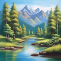 A beautiful and serene canvas painting depicting a tranquil landscape with a river flowing through a lush forest, mountains in the background, and a clear blue sky