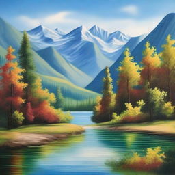 A beautiful and serene canvas painting depicting a tranquil landscape with a river flowing through a lush forest, mountains in the background, and a clear blue sky