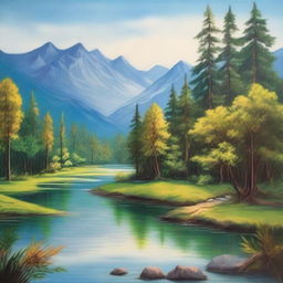 A beautiful and serene canvas painting depicting a tranquil landscape with a river flowing through a lush forest, mountains in the background, and a clear blue sky