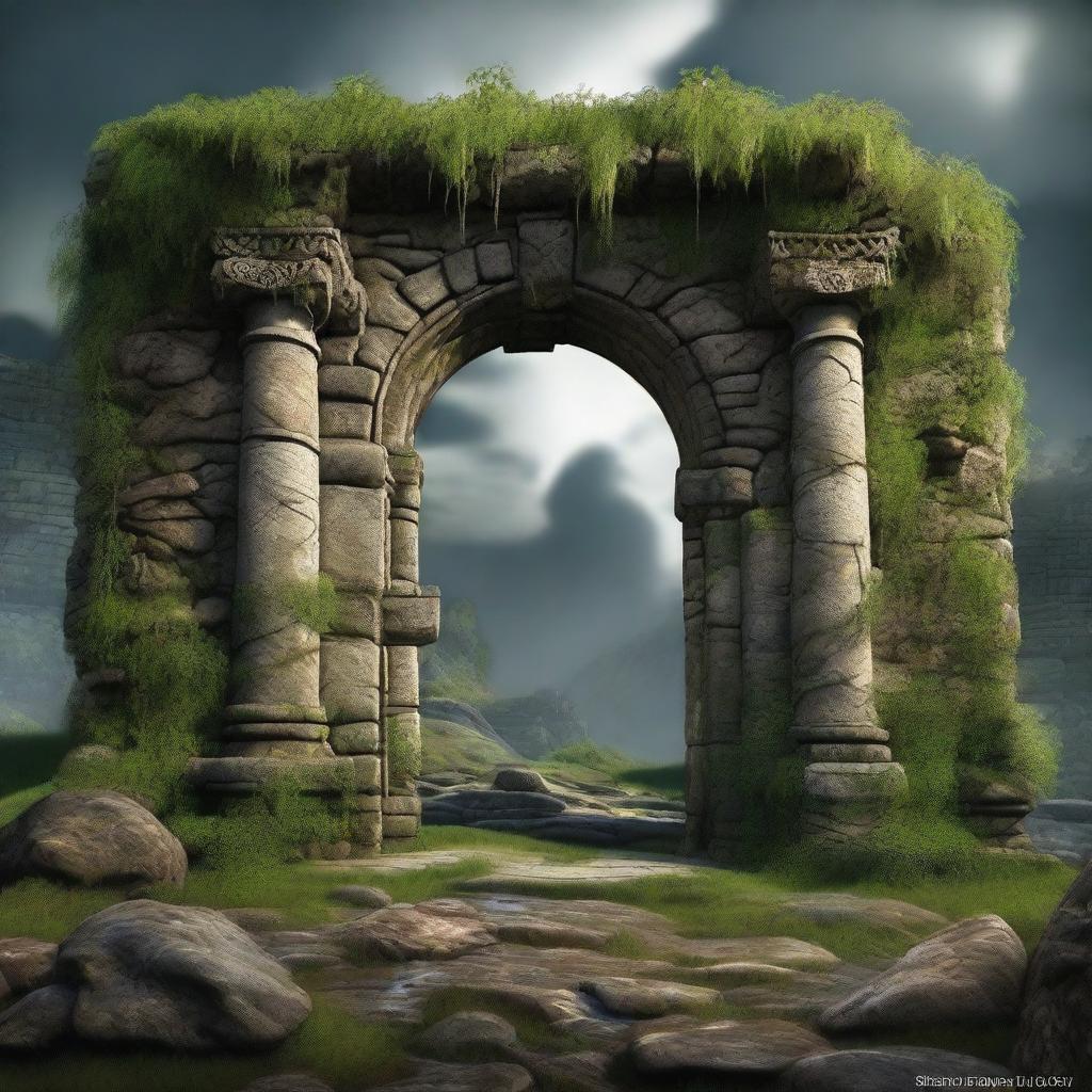 Create an image of the entrance to an ancient ruin with a massive stone door