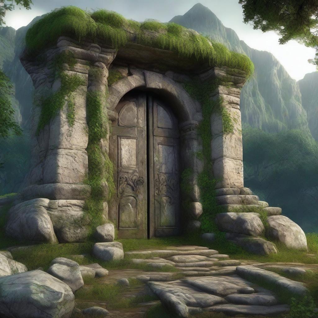 Create an image of the entrance to an ancient ruin with a massive stone door