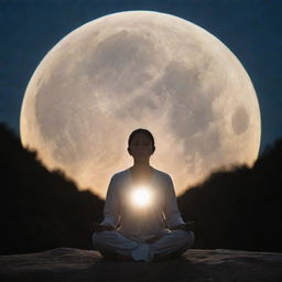 A serene spiritual figure meditating under the glow of the moon, radiating an aura of tranquility and peace.