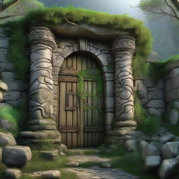 Create an image of the entrance to an ancient ruin with a massive stone door