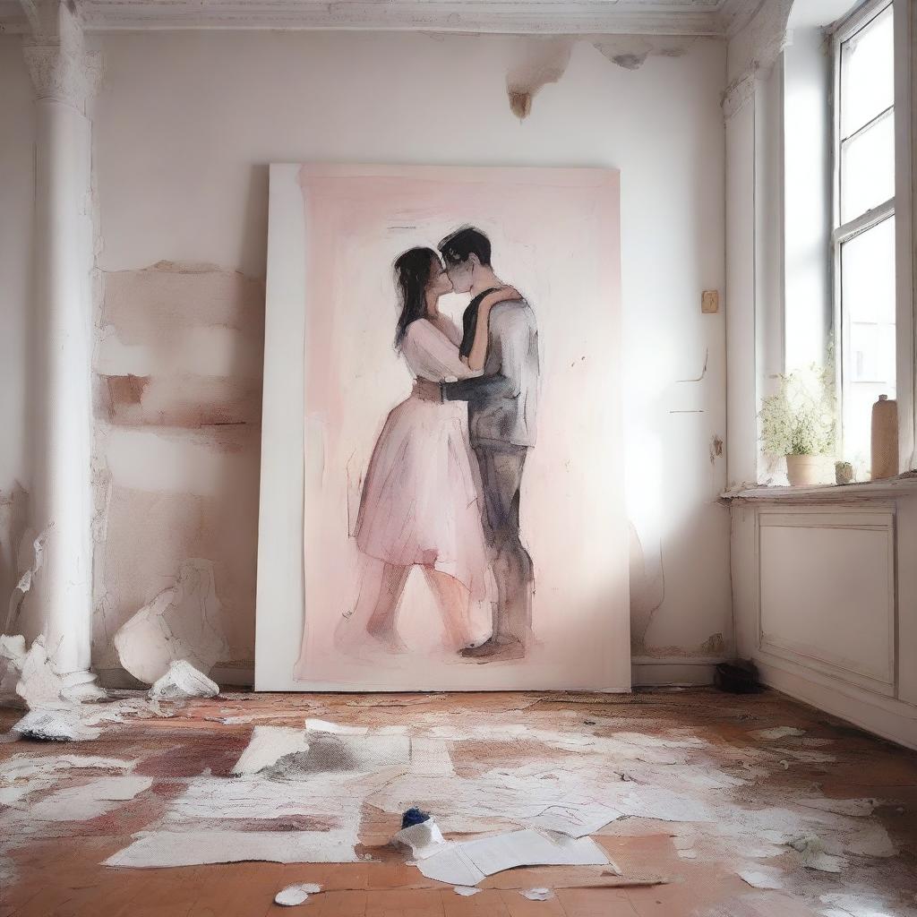 A canvas painting in a messy room, depicting the outline of two people kissing