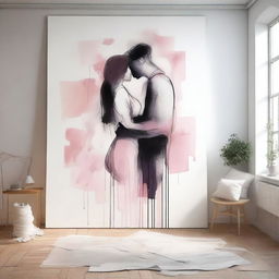 A canvas painting in a messy room, depicting the outline of two people kissing