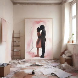 A canvas painting in a messy room, depicting the outline of two people kissing