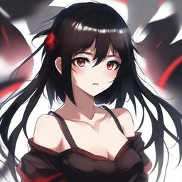 Create an anime-style illustration of a girl with black hair and red eyes