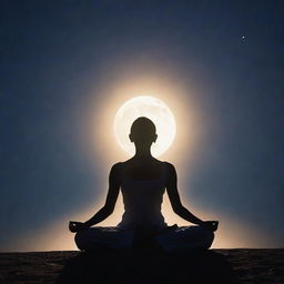 A serene spiritual figure meditating under the glow of the moon, radiating an aura of tranquility and peace.