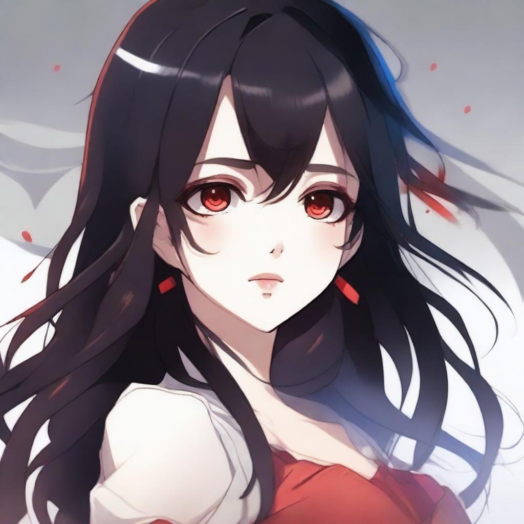 Create an anime-style illustration of a girl with black hair and red eyes