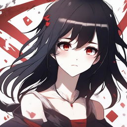 Create an anime-style illustration of a girl with black hair and red eyes