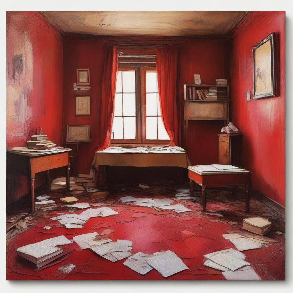 A canvas painting in an old-fashioned, messy room with red walls, leather seats, and books scattered around