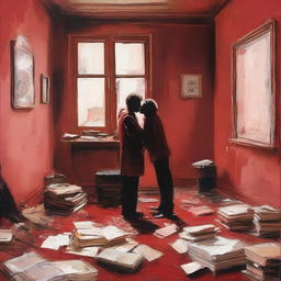 A canvas painting in an old-fashioned, messy room with red walls, leather seats, and books scattered around