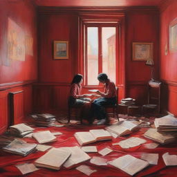 A canvas painting in an old-fashioned, messy room with red walls, leather seats, and books scattered around